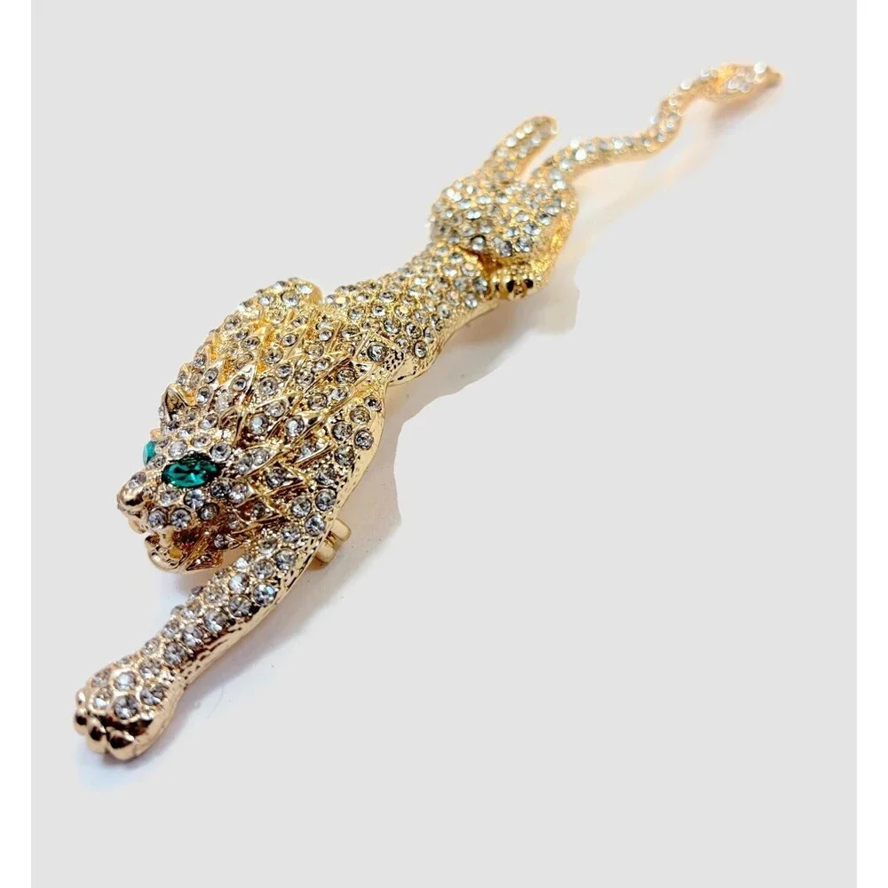 Vintage Shoulder Brooch, Lion, Tiger, Leopard, Rhinestones, Gold Tone, 6